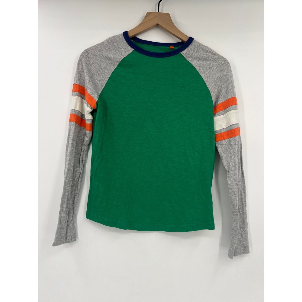 Boden Boys 11-12Y Green Gray Raglan Long Sleeve Varsity Stripe Slub Tee